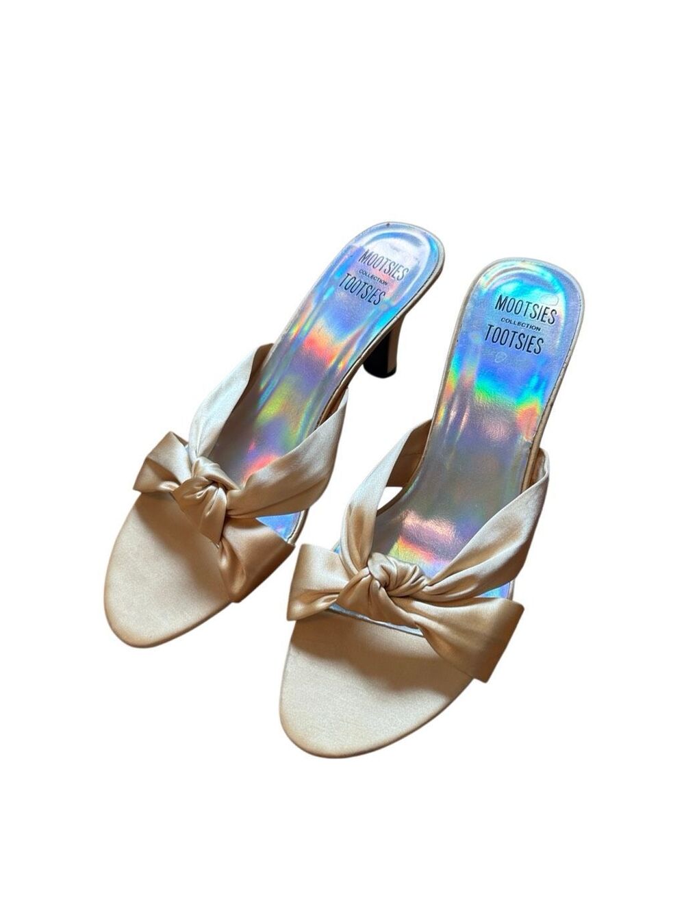 Y2K Vintage Mootsie Tootsie Gold Satin Knot Slip On Kitten Heel Sandals Size 9